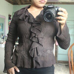 'Sammy Taylor' RARE brown ruffled lace button down long flare sleeve top